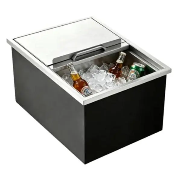 Large-Capacity Insulated Rectangular Drop-In Stainless Steel Ice Bin with Lid, Drain Pipe Kit, 24-Hour Cold Retention Non-Electric Container for Outdoor Kitchen Bar