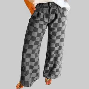 Dear-Lover Women's Plaid Soft Denim High-Waist Loose-Fitting Non-Stretch Wide-Leg Gray Jeans, Cold-Wash Clothes with Pleated Detail & Shifted Stitching, Casual Dailywear for All Seasons (lc7875123-p2011)