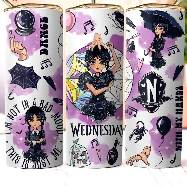 Wednesday 20oz Skinny Stainless Steel Tumbler - Double Wall Vacuum Insulated Travel Cup, Slim Durable Mug For Hot And Cold Drinks, Perfect For Fans Of Spooky Gothic Aesthetic