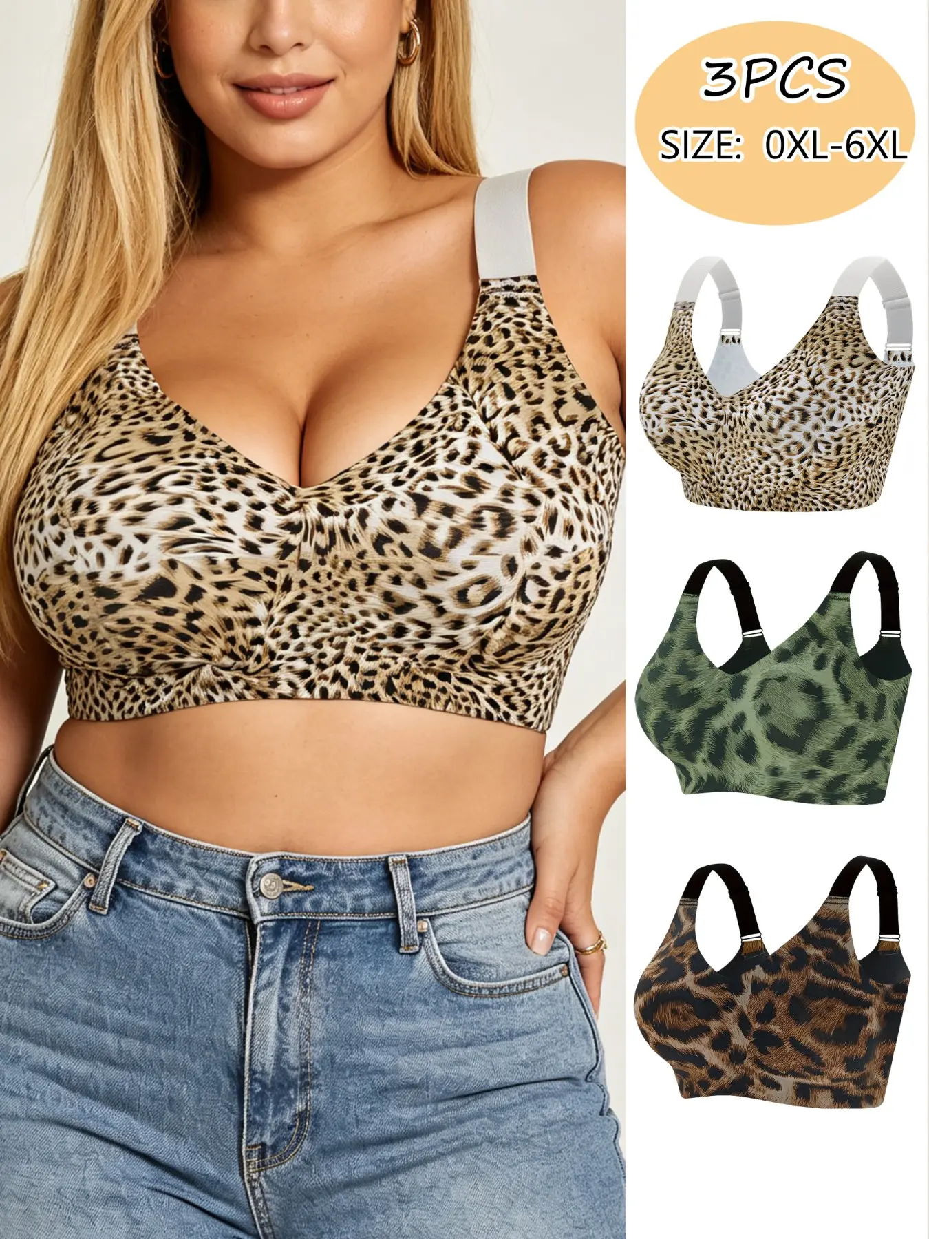 3 pieces of large-size leopard print seamless invisible supportive women's adjustable bras, Leopard pattern bra, featuring zero-pressure comfort, strong containment, widened pressure-reducing shoulder straps for long-lasting wear without fatigue