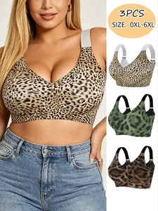 3 pieces of large-size leopard print seamless invisible supportive women's Wireless bras, Leopard Pattern Bra, featuring zero-pressure comfort and strong containment, with widened pressure-reducing shoulder straps for long-lasting wear without fatigue