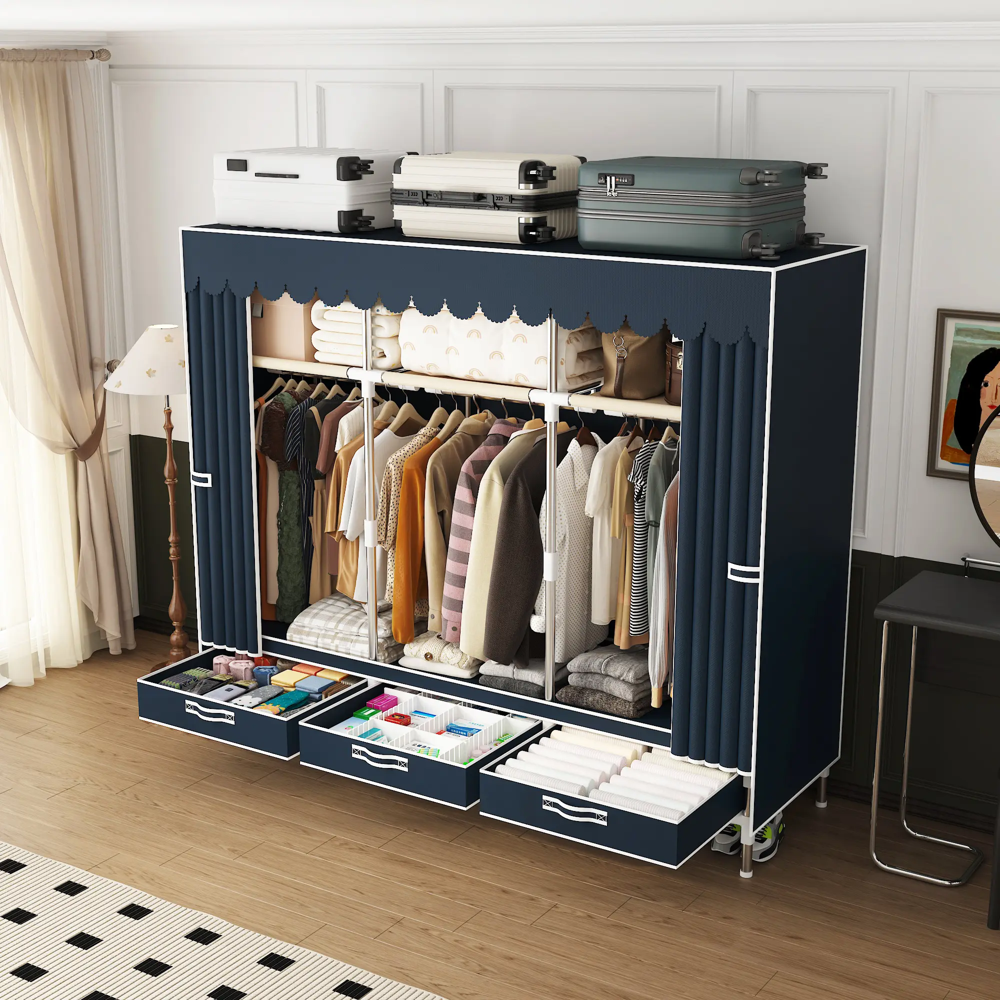Portable Fabric Wardrobe Closet, Dust‑Proof Large Capacity Clothing Organizer with 6 Storage Spaces & 3 Drawers, Metal Frame for Bedroom, Apartment, College Dorm