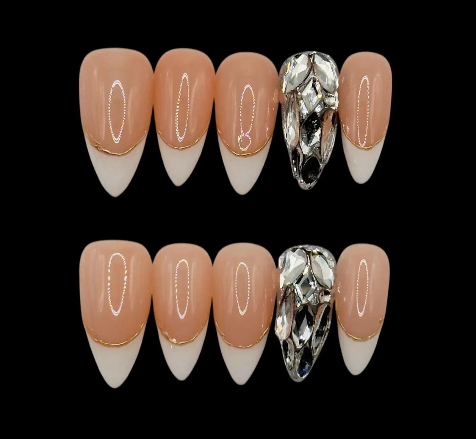 006 Baddies Couture Collection Nude French Tips with Bling Ring Finger Glossy False Nails for Stylish Manicures
