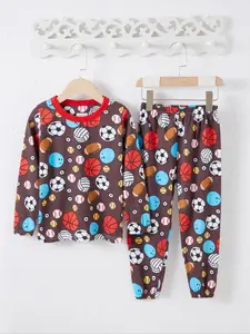 Boys' Sleepwear Set 1-8 Years Old, Sports Style Ball Print Long Sleeve, Comfortable Home Wear, Durable No Pilling, Casual Fit, Pajama Lounge Sets