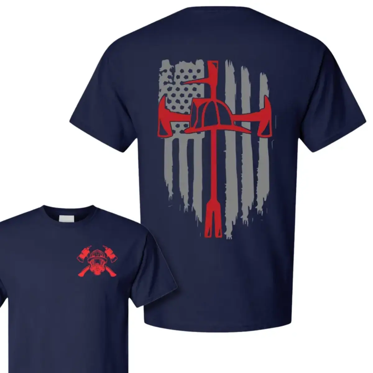 Firefighter Tools Flag T-Shirt, Patriotic Firefighter Axe & Helmet Graphic Tee, Thin Red Line Style Shirt, Fire Rescue Apparel, Soft Cotton Gift for Firefighters