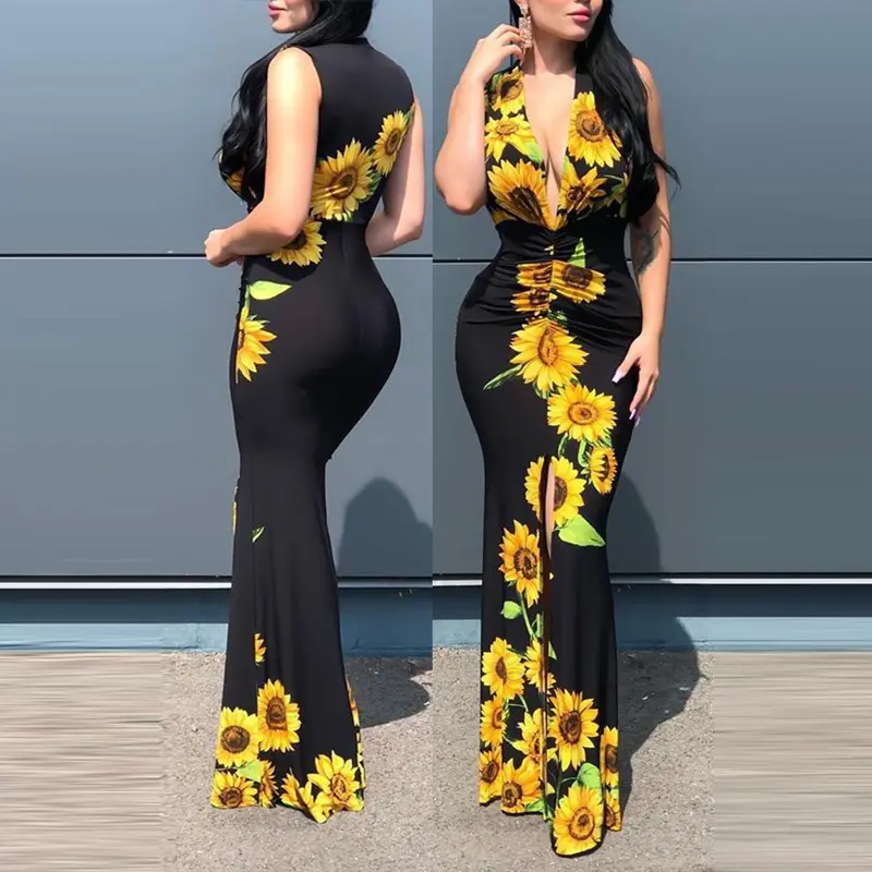 Women's Plunge Sunflower Print Slit Party Dress