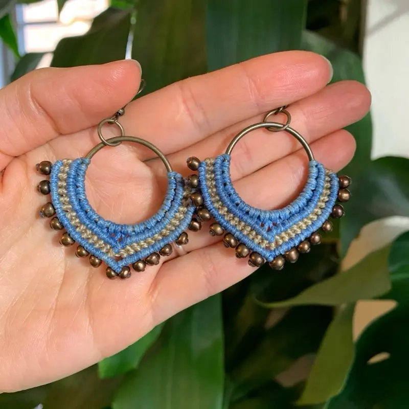 Macrame Earrings Blue & Bronze - Boho Style