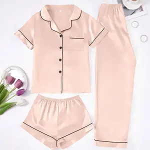 Indulge in ultimate comfort with this women's 3-piece solid color pajama set. It includes a collared short-sleeve top, elastic waist shorts and long pants. Soft, lightweight and breathable, perfect for daily lounging and peaceful sleep.