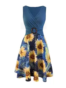 Women's Sunflower Floral Print V Neck Fit and Flare Boho Bohemian Dress, Casual Everyday Wear, Sleeveless Short Dress for Spring, Ladies Clothes for Holiday Vacation Daily Wear, Boho Styles, Womenswear