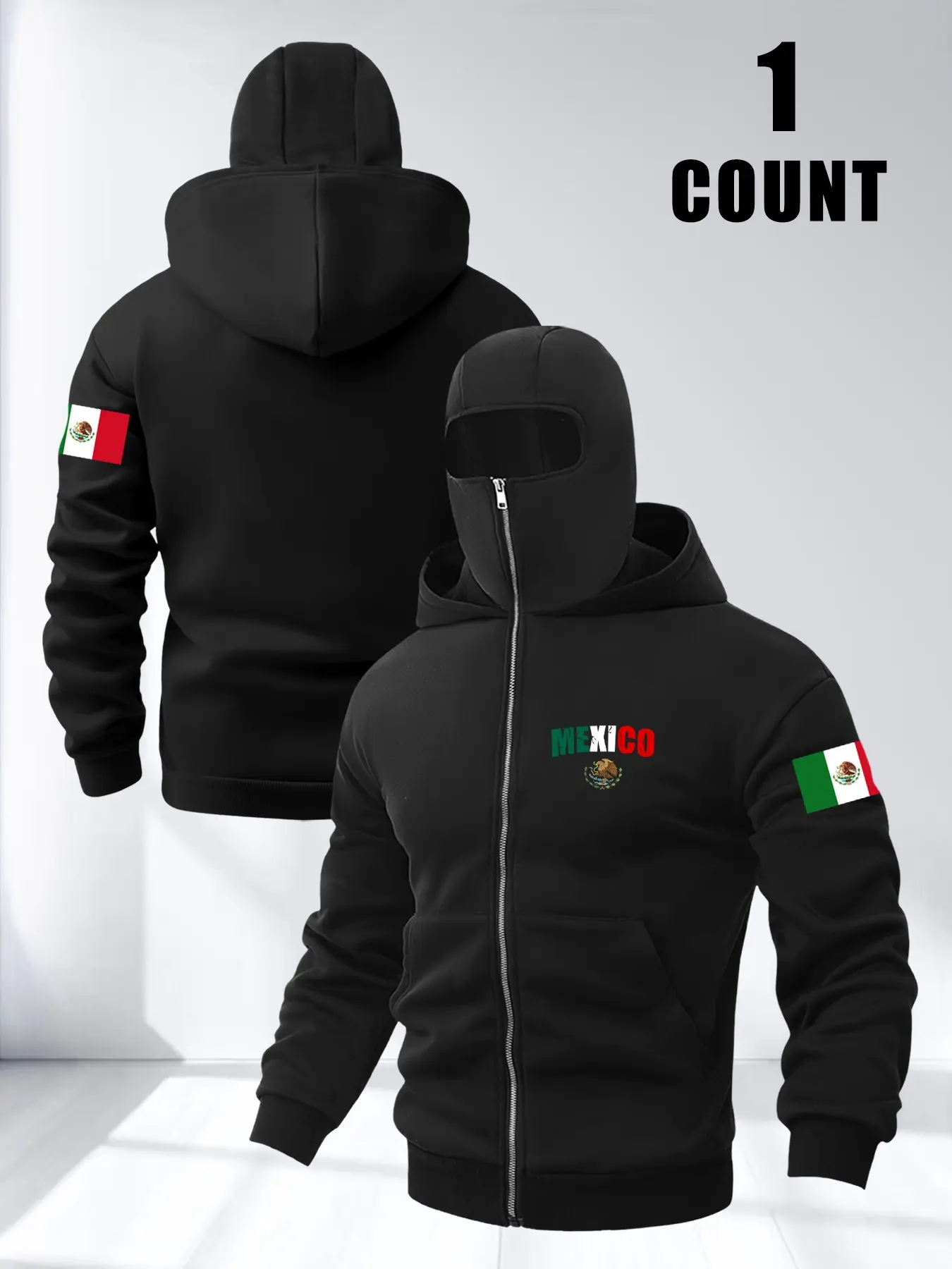 Men's Mexican Flag Graphic Print Cultural Casual Zipper Hoodie Jacket, Warm Windproof Long Sleeve Fleece Lined, Fall & Winter Fashion Sweatshirt, Fashion Hoodies