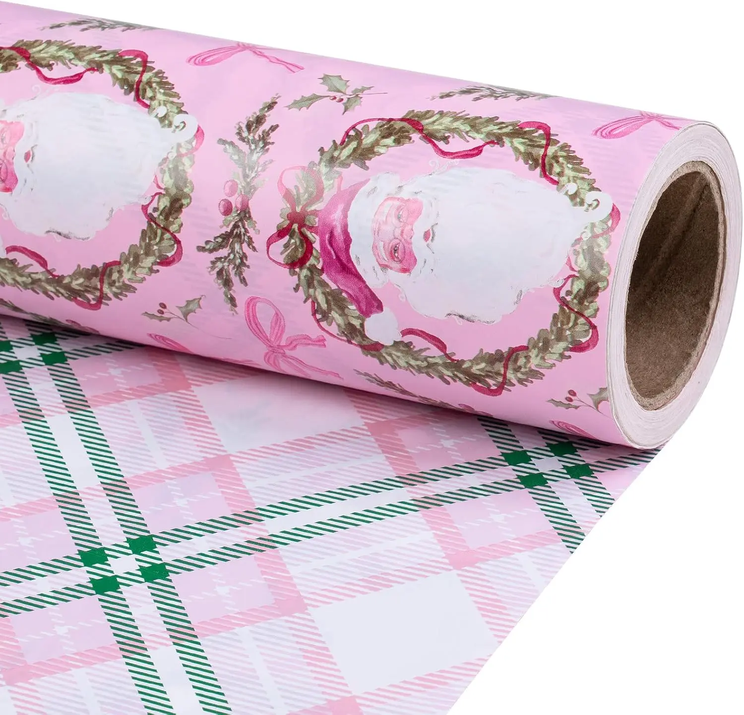 【Buy 2 Get 3 Free】RUSPEPA Pink Christmas Wrapping Paper Roll, 17 in x 16.4 ft Mini Roll, Reversible Santa, Reindeer, Christmas Tree, Nutcracker & Winter Scene Designs for Girls, Women, Family Gifts & Holiday Presents