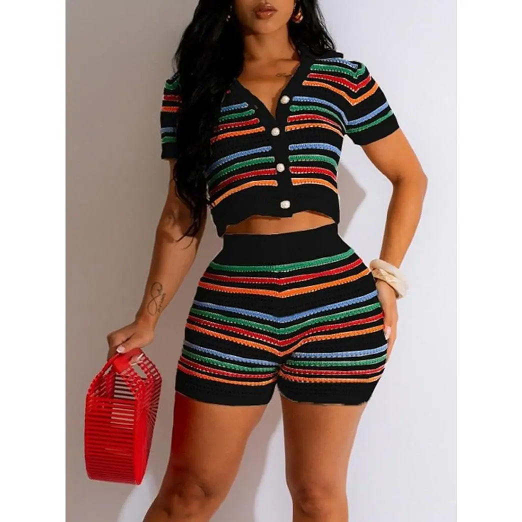 Women 2 Piece Sets Summer Outfits Crochet Button Down Shirts Hollow Out See Through Color Block Tracksuit Shorts Sets Women's Colorblock Striped Print Button Front Fitted Crop Cardigan & High Waist Shorts Sweater Co-ord Set