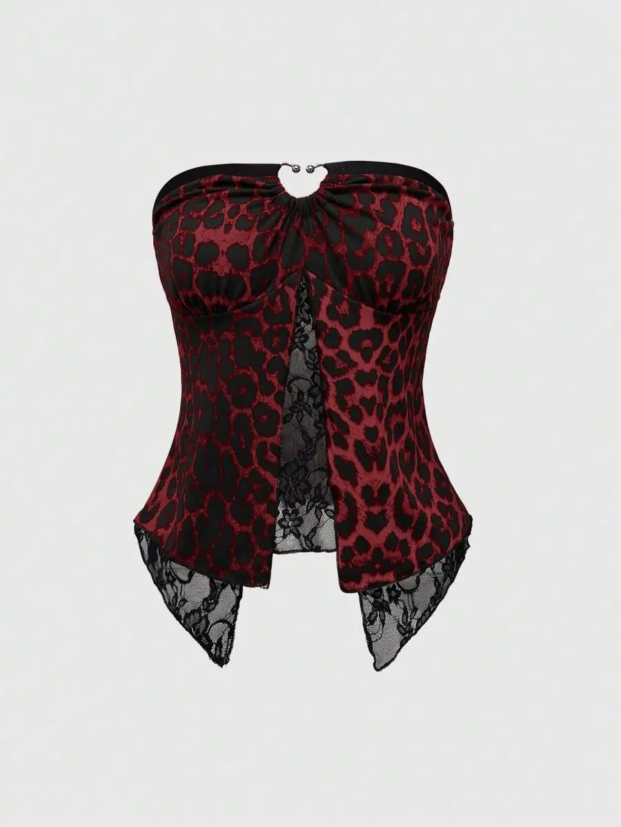 LUNA LAYER Womens Grunge Punk Y2K Gyaru Leopard Print Contrast Lace Hem Crop Tube Top Red Casual Strapless Shirt