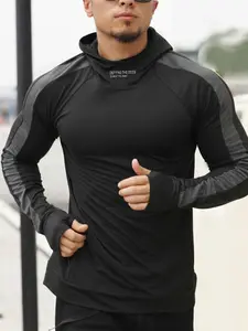 Men's Letter Print Thumb Hole Design Hoodie, Gym Sport Hoodies, Men Rashguards, Casual Long Sleeve Hooded Sweatshirt for Fall & Winter, Men's Sportswear for Indoor Outdoor Wear