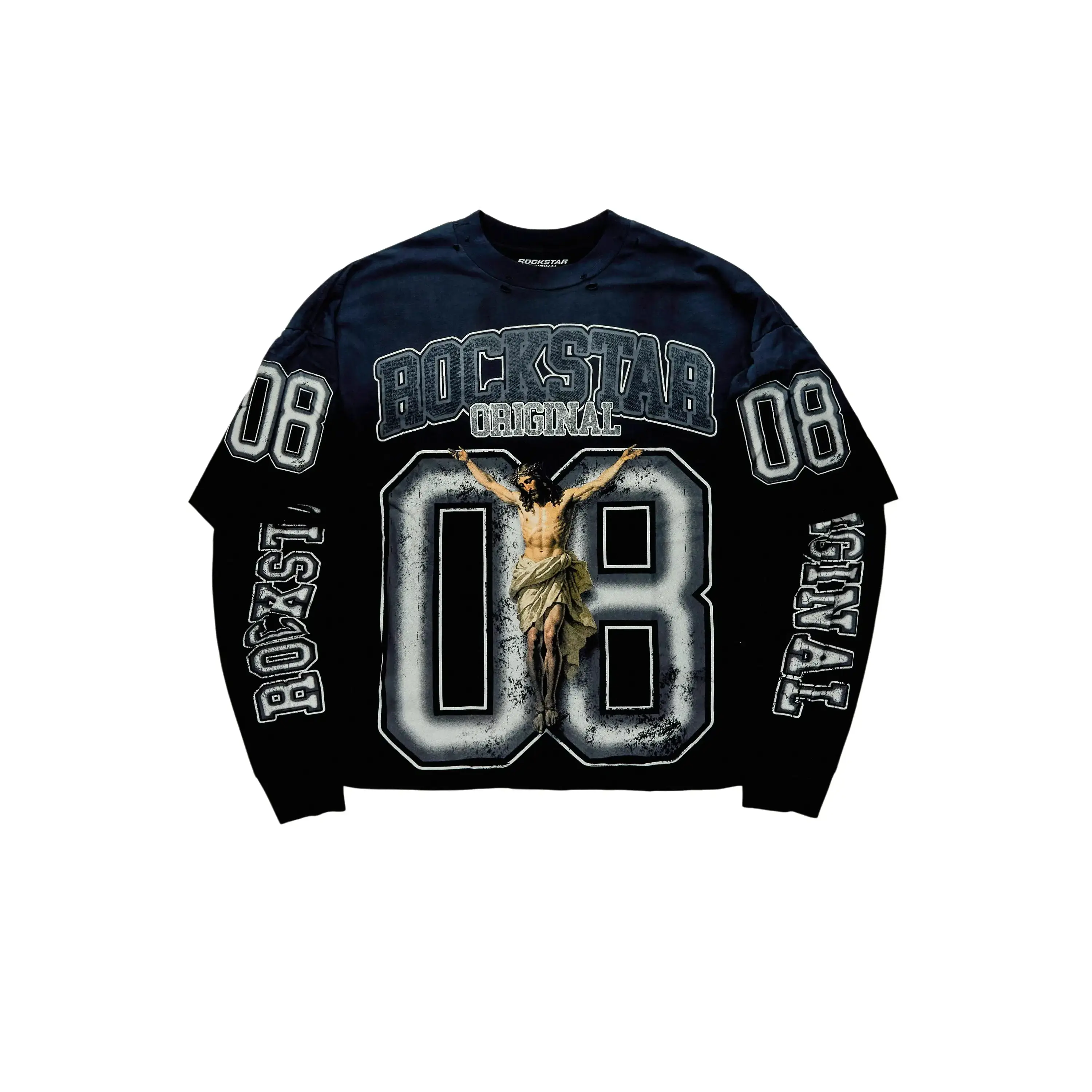 Fields Black/Grey Double Layer Distressed Long Sleeve Graphic T-Shirt Fields Black/Grey Double Layer Distressed Long Sleeve Graphic T-Shirt