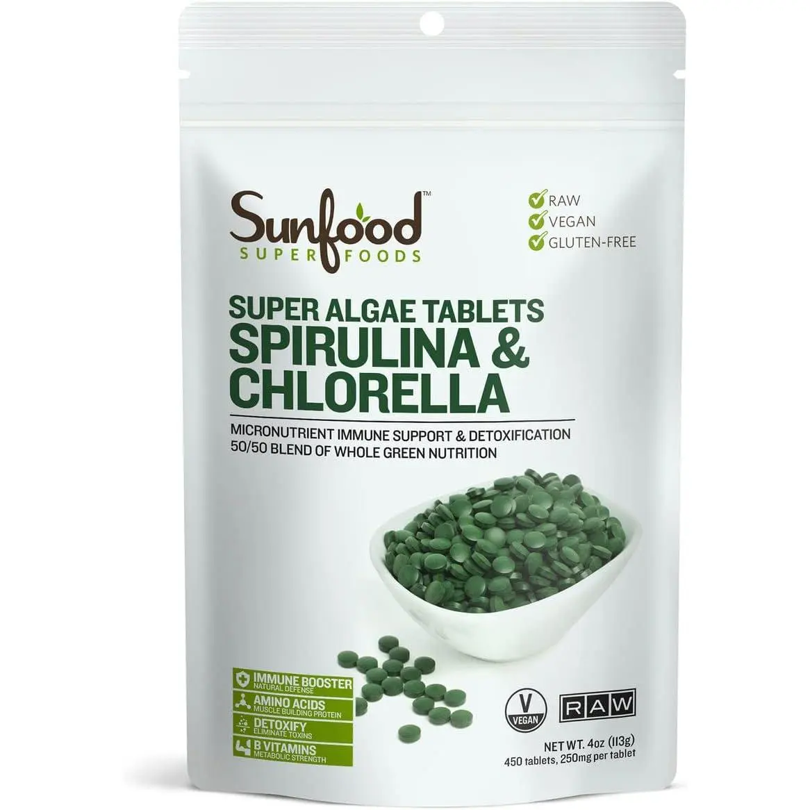 Sunfood Superfoods Chlorella Spirulina Tablets - Spirulina and Chlorella Green Algae Tablets for Women & Men, Source of Chlorophyll, B Vitamins, and Protein, Broken Cell Wall, Vegan - 4 oz Bag
