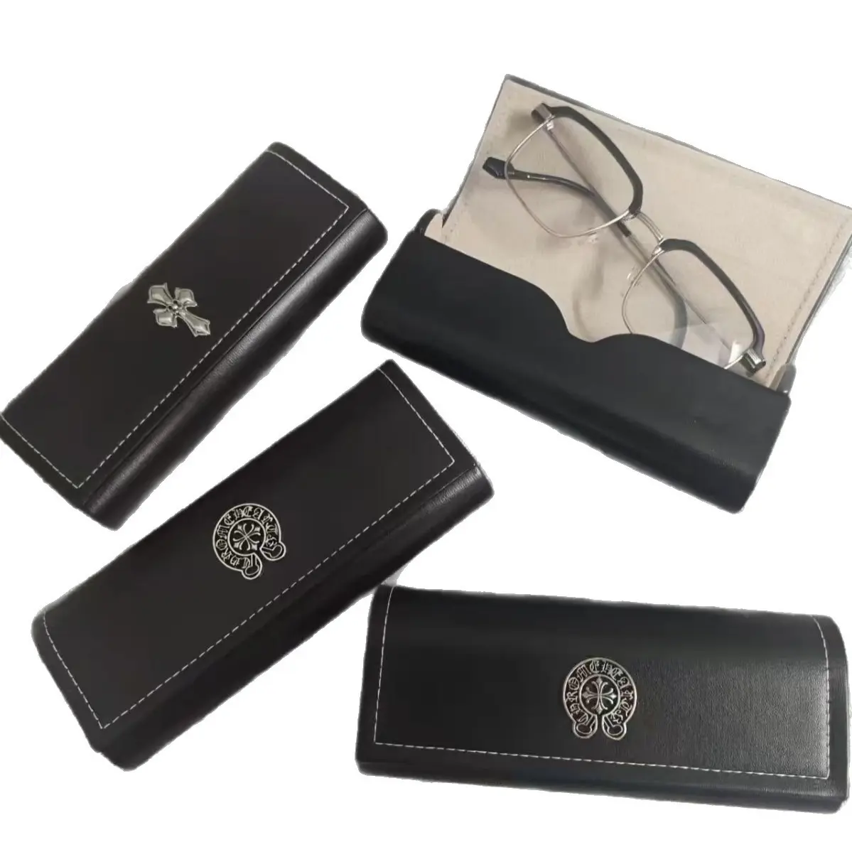 Gothic Cross PU Leather Eyeglasses Case - Large-Capacity Hard Shell Black Storage Box for Sunglasses, Myopia Glasses