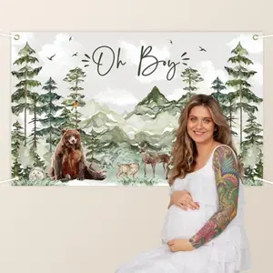 2D Flat Banner 1pc Oh Boy Forest Adventure Baby Shower Photography Background, Watercolor Forest Party Photo Backdrop