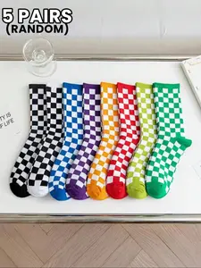 5 pairs of unisex random checkered mid-calf socks, Sock Set, minimalist, stylish, retro, soft, comfortable, casual socks, suitable for everyday family wear, fall sock styles, Socks Men