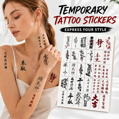 30-Piece Funky Chinese Youth Ephemeral Tattoos Kit - Body-Safe Aesthetic Tattoo Merch Paper Stickers, Unisex Patterned Body Art for Arms/Scar Covering, Skin Friendly Assortment for All Skin Types
