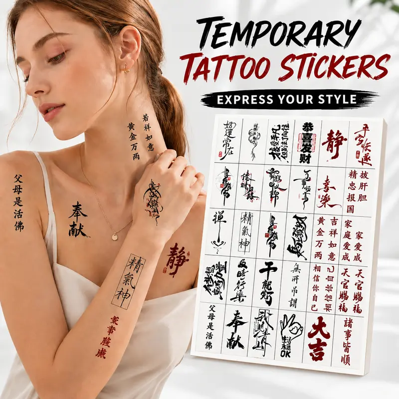 30-Piece Funky Chinese Youth Ephemeral Tattoos Kit - Body-Safe Aesthetic Tattoo Merch Paper Stickers, Unisex Patterned Body Art for Arms/Scar Covering, Skin Friendly Assortment for All Skin Types