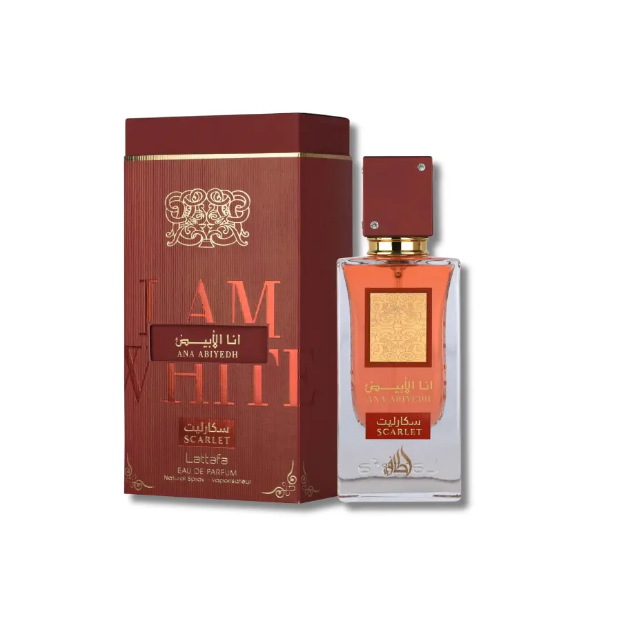 Lattafa Ana Abiyedh Scarlet Eau de Parfum, Unisex Fragrance with Citrus Sweetness, Bergamot Amber, Pear, and Vanilla Musks, 2.04 fl oz, Bottle Perfume, Fragrances, Ambery Woody Fragrance, Aromatic Fragrances