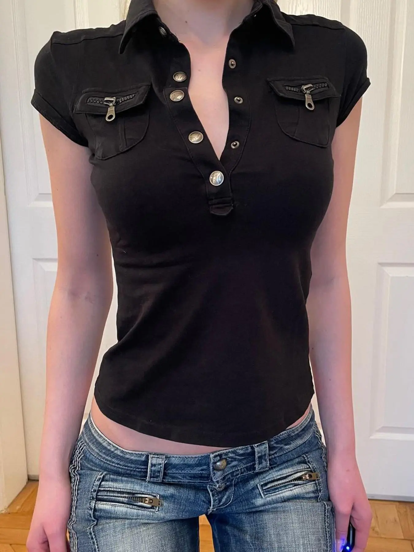 Women's Plain Flap Pocket Button Tee, Casual T-shirt for Summer, Women's Top for Daily Wear, Button Front Blouse, Casual Basic Top, Casual Daily Tops