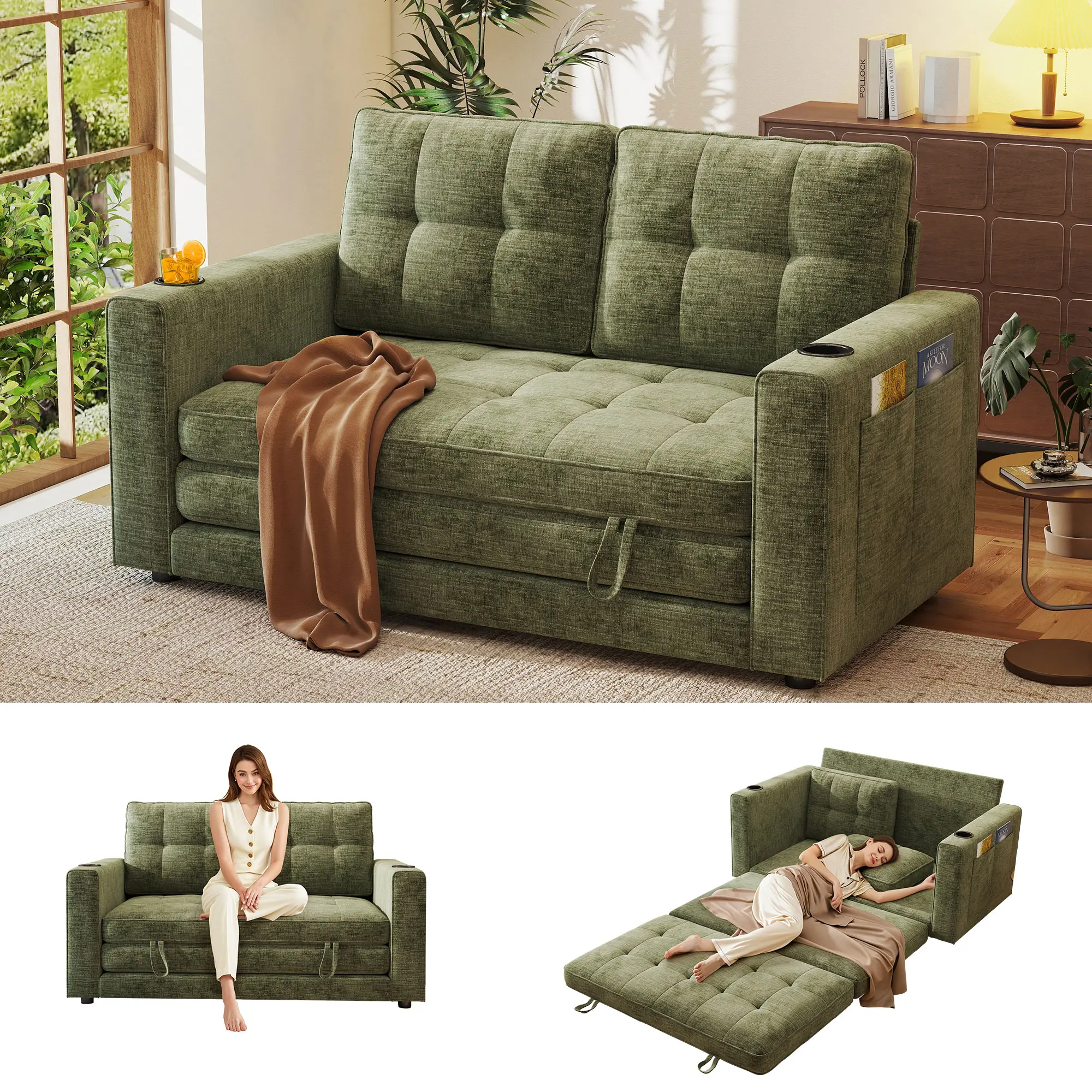 GuroMagicSofa 55 In Elizabeth 5-in-1 Convertible Sleeper Sofa Bed - Deep Seat Chenille Fabric Modular Sectional, Pull-Out Guest Bed, Fully Assembled Space-Saving Compact Couch for Living Rooms, Apartments