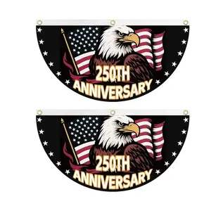 Patriotic Eagle American Flag Bunting Banner, America 250th Birthday Bunting Flag, USA Independence Day Porch Decor Flag, Fourth Of July Patriotic Half Fan Flag Decoration For Porch Fence Yard