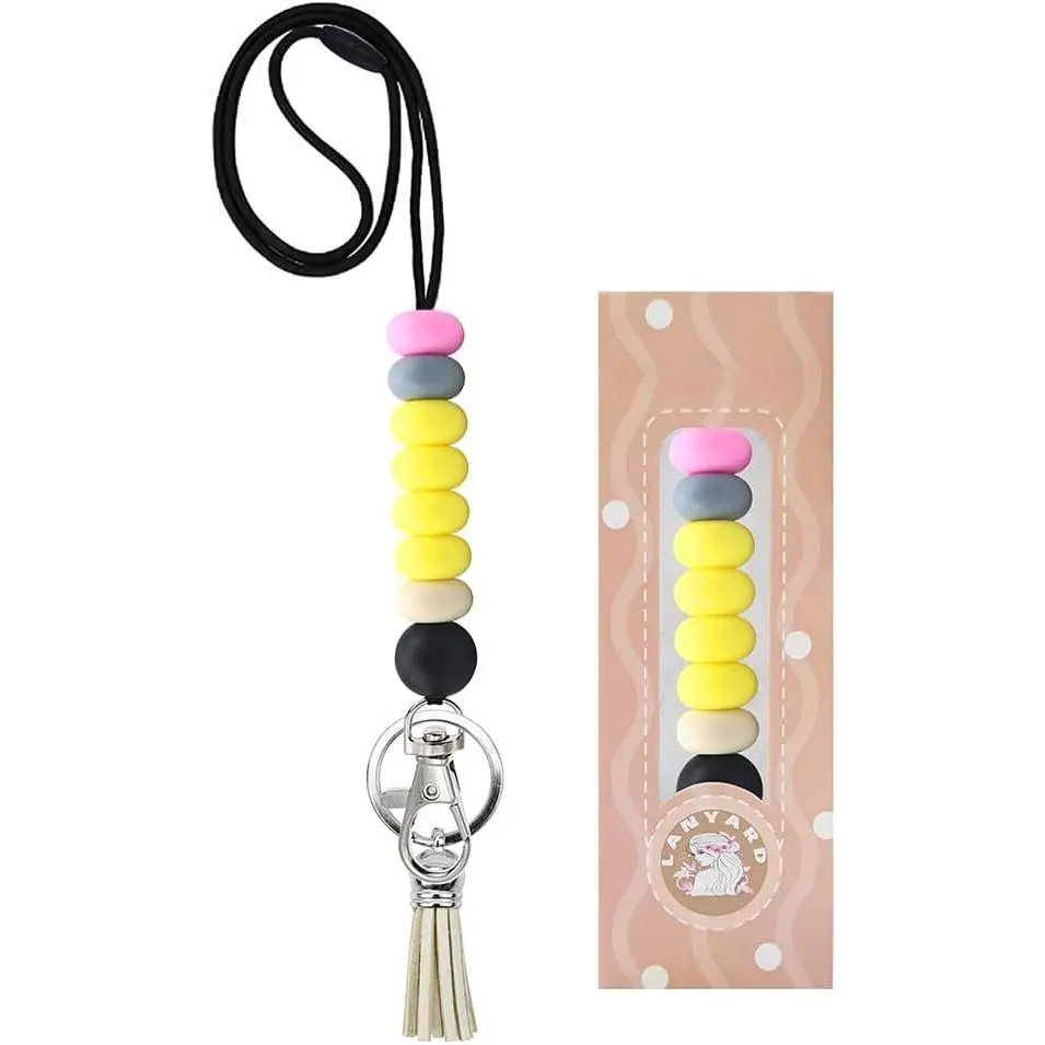 Cute Beads Breakaway ID Badge Lanyard with Adjustable Length, Synthetic Nylon Cord, Visible Clasp & Stainless Steel Keychain for Women Teachers, Office Workers (Yellow), Beaded