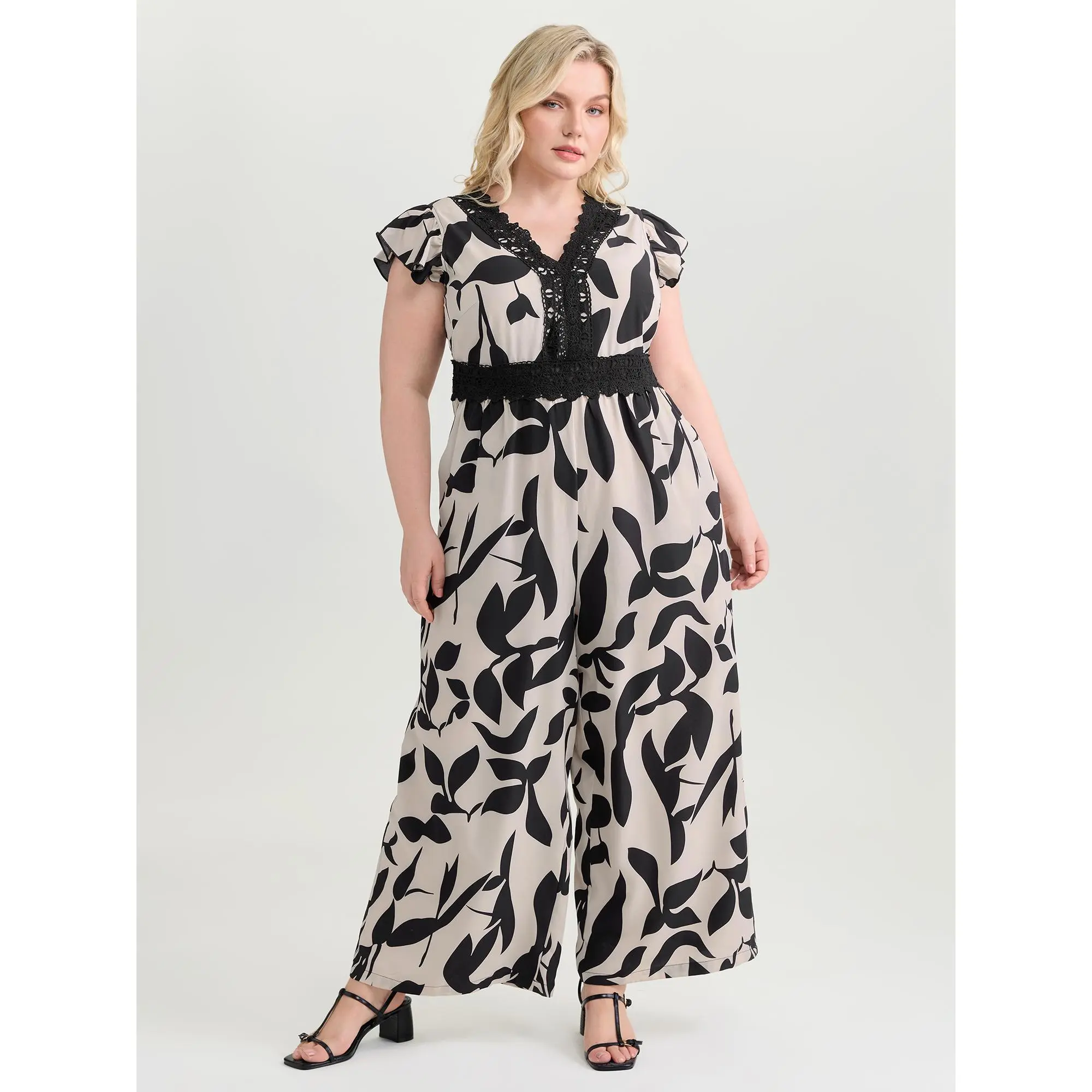 BloomChic Women's Plus Size Boho Overalls Jumpsuit - Floral Leaf Print Maxi, Waist-Defining Lace, Fitted Deep V-Neck, Flutter Cap Sleeves, Pockets, Smooth Spandex-Polyester Fabric, Low Iron, Summer Wear, Hand Wash Only, Do Not Dry Clean