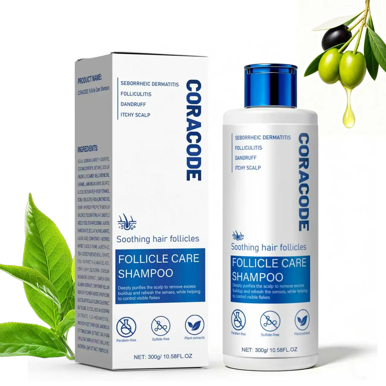 CORACODE Botanic Follicle Care Haircare Shampoo Cleanser for Folliculitis - Tea Tree Oil, Willow Bark, Herbal Extracts - Natural Remedies, Plant Based Scalp Care Routine for Itchy, Oily, Flaky Scalp, 10.58 Fl Oz