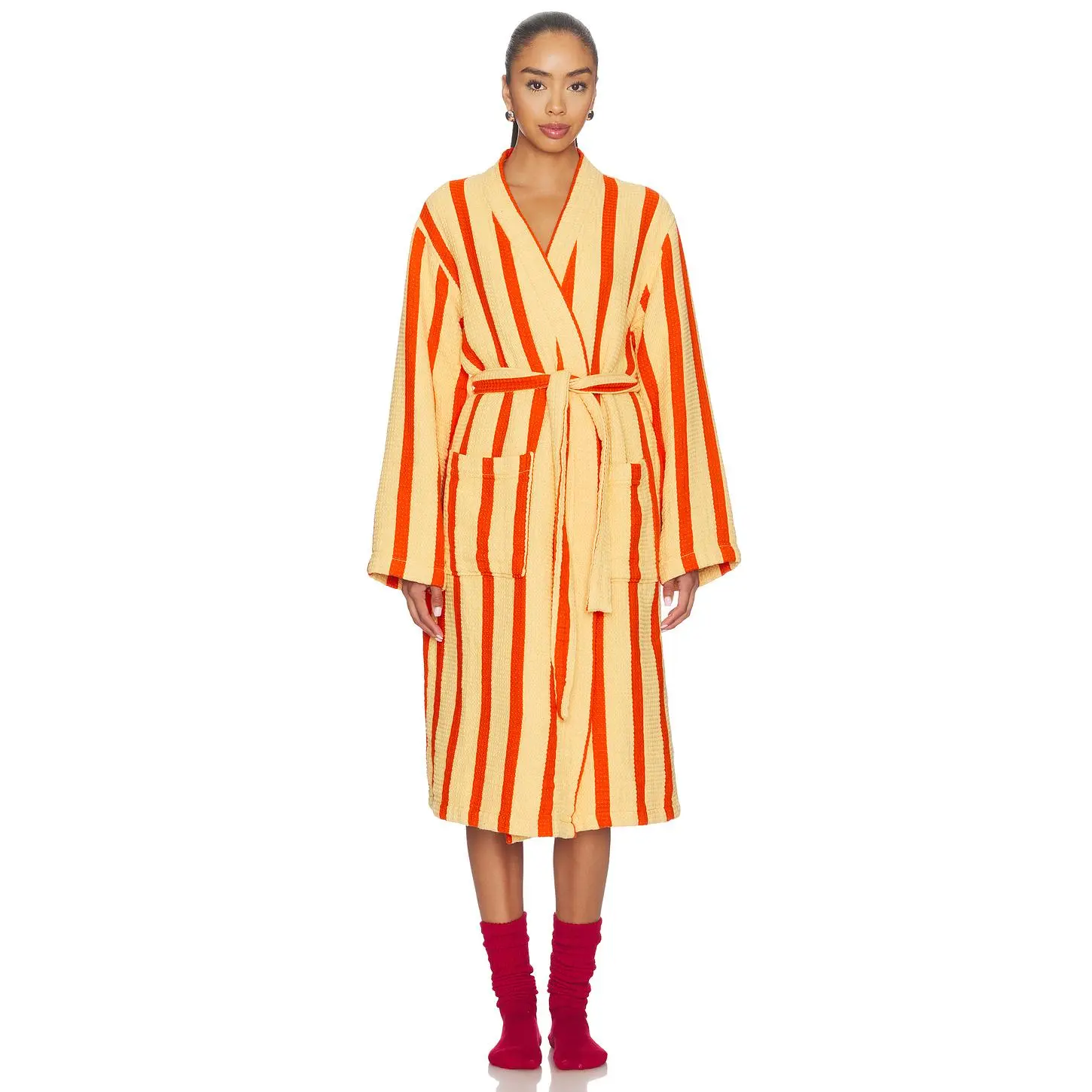 Dusen Dusen Waffle Bathrobe in Red & Orange Stripe