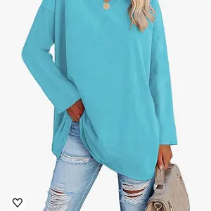 Women's long-sleeved autumn T-shirts with V-neck and drop-shoulders, plain, casual, loose, basic