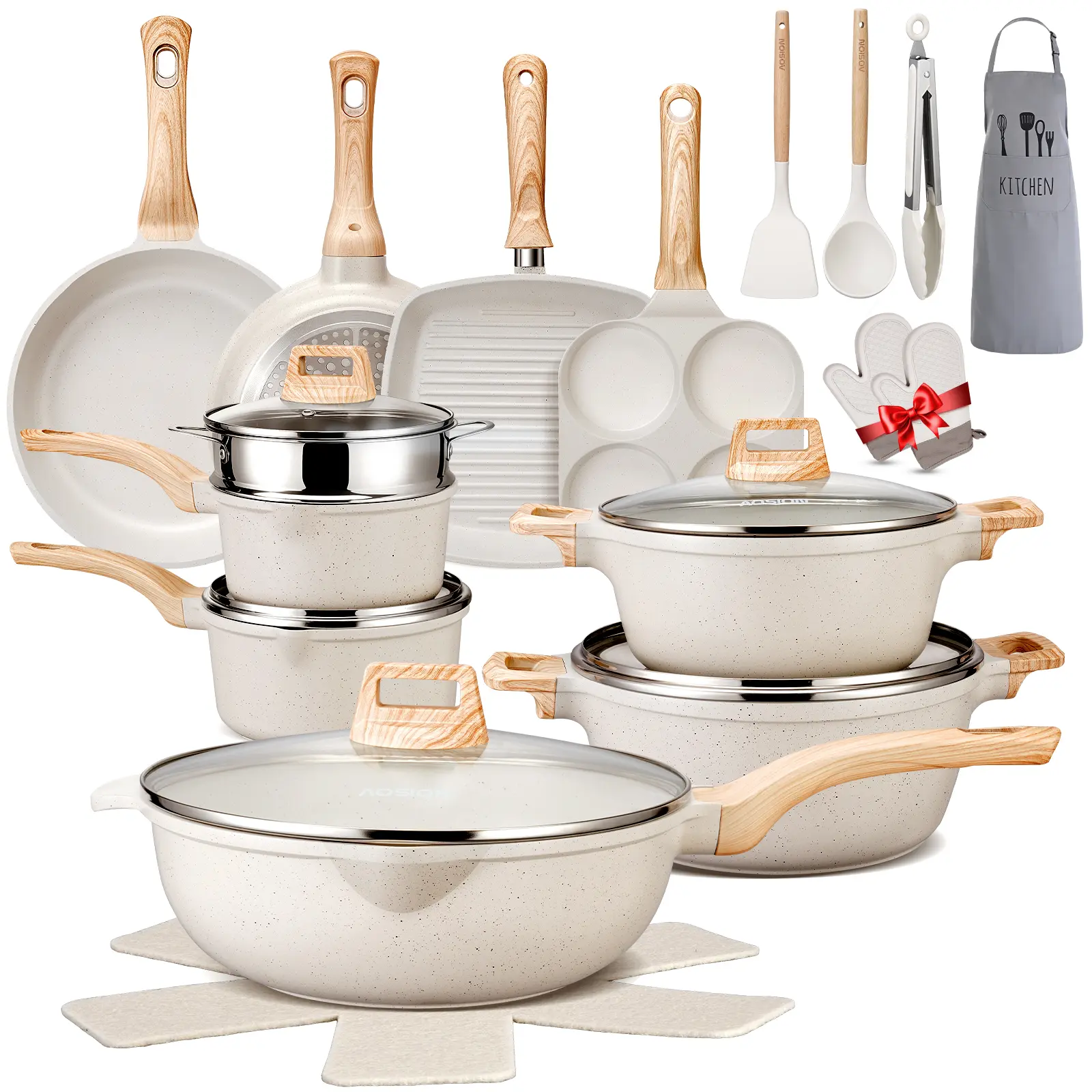 Dealsforyoudays 27PCS Pots and Pans Set, Nonstick Ceramic Cookware Set, Healthy Kitchen Cooking Set with Gloves, Apron, Silicone Tools & Pot Protectors, Oven & Dishwasher Safe, PFOA/PFOS Free，Ivory