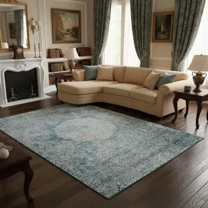 HomeRoots 655722 10 x 14 ft. Teal & Gray Oriental Washable Machine Made Rectangle Area Rug with UV Protection