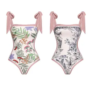 Aprilake Women's One Piece Swimsuit Square Neck Double Side Print Reversible Tie Shoulder Summer Vintage Swimsuit