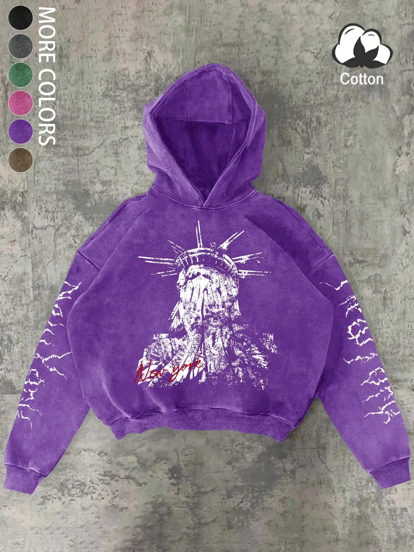 Men's and women's stylish Fitted Long Sleeve hoodies, Casual Print Hoodie, Casual, with a Gothic theme, featuring a Graphic image of a veiled Statue of Liberty with an embroidered pattern, vintage-style, distressed cotton with snowflakes, streetwear