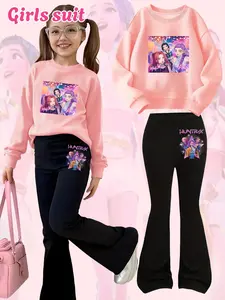 Girls Kpop Demon Hunters Cartoon Print Hoodie & Bell Bottoms Set, Casual Outfit Set, Fall Winter Fashion, Comfortable Kids Clothing, Christmas Gift