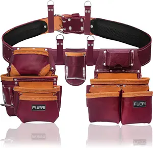 FUERI 19 Pocket Leather Tool Belt,Comes with Padded Belt, Big Pouches, Hammer Holder and Suspender loops, Ideal for Construction Workers, Carpenters and Electrician. Tool Storage Bag