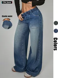 Women's Elastic Waist Wide Leg Denim Jeans, Perfect Fit for All Body Types, Large Pockets for Practicality and Street Style, Ideal for Daily Streetwear