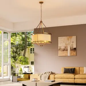 Tribesigns 24" Drum Fabric Pendant Light, 5-Light Chandelier with White Fabric Lampshade, Height-Adjustable Modern Ceiling Hanging Light Fixture for Living Room, Dining Room, Bedroom, Staircase