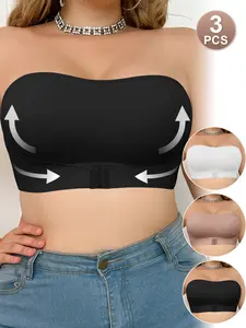 3PCS Women's Plus Size Seamless Bandeau Bra, Wireless Unlined Minimizer Bra Front Buckle Non‑slip Invisible, Breathable Comfort, No Shoulder Straps Daily Wear