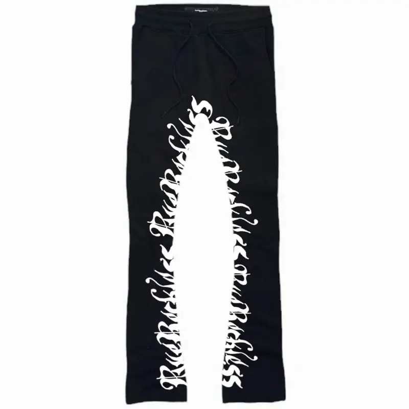 Rue Stacked Joggers - Black Sweatpants with White Ruereckless inner leg Print for style. Comfortable Everyday Wear.