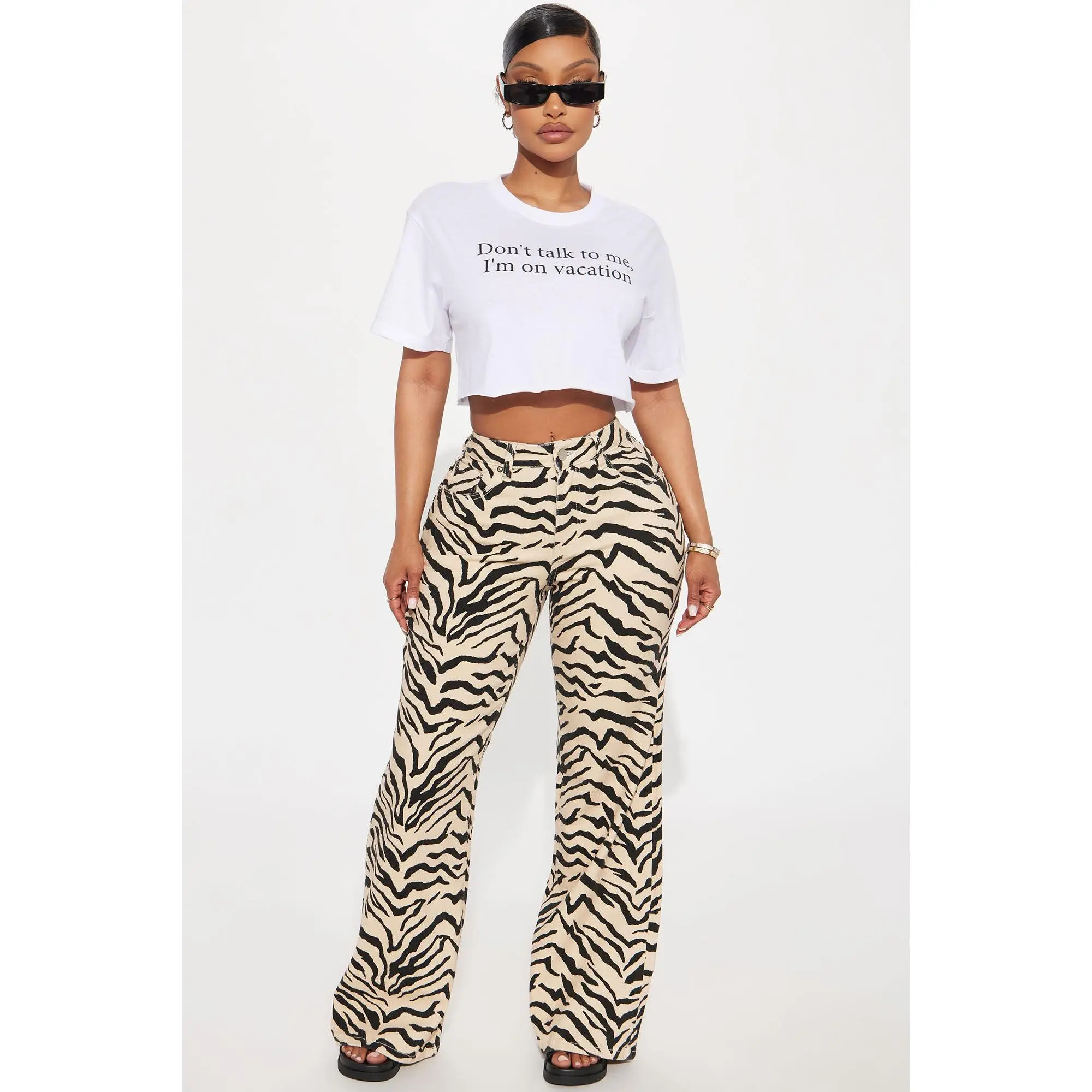 Savanna High Rise Printed Flare Jeans - Cream/combo