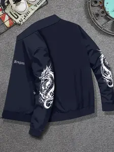 Men's Trendy Dragon Print Graphic Stand Collar Jacket, Casual Long Sleeve Streetwear Outerwear, Perfect for Fall & Winter Layering