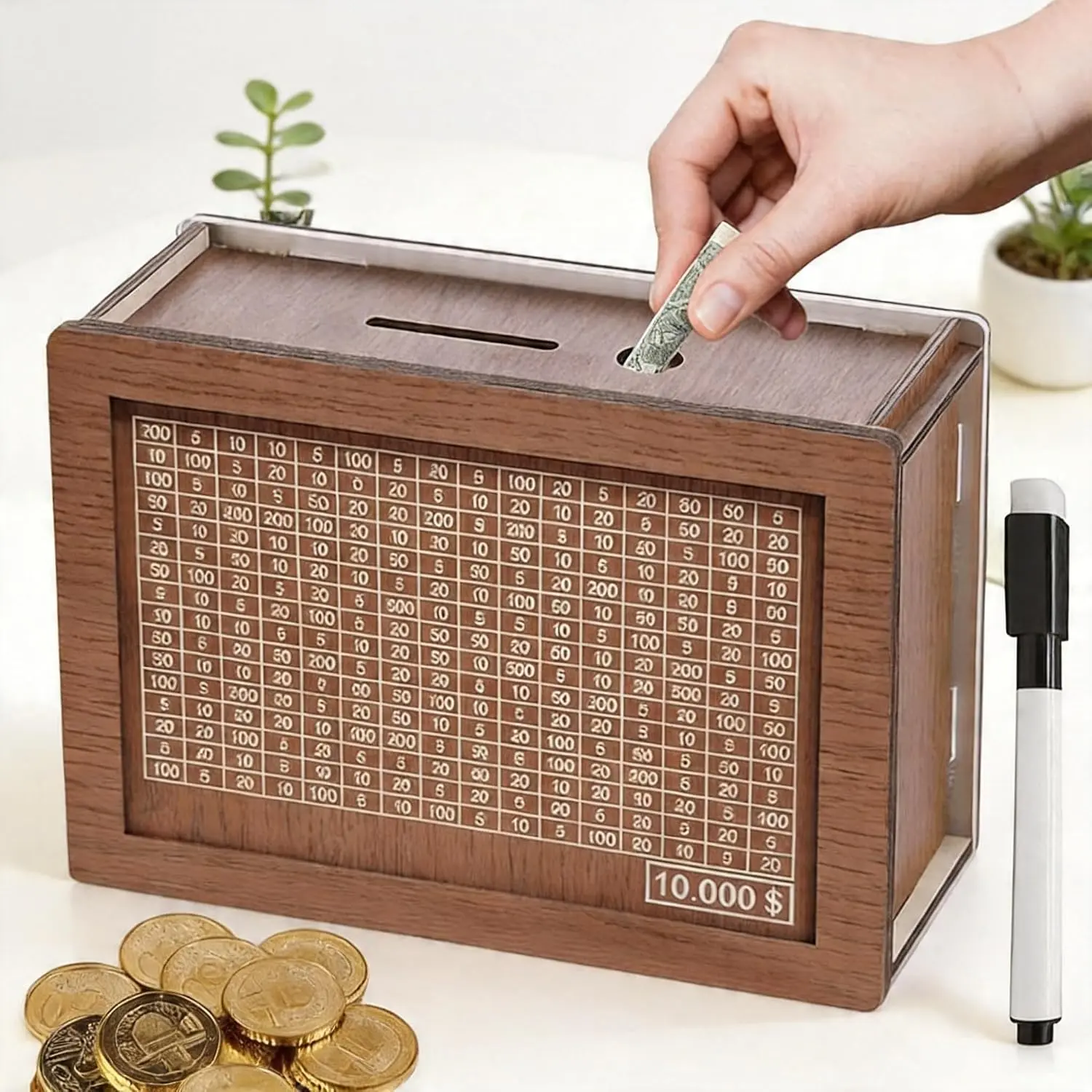 10000 Savings Challenge Box, Cashbox Kakeibo Money Saving Box, Money Vault Saving, Wood Money Box, Gadget Gift Decoration for Teens and Adults for Christmas, Easter, Valentines Day
