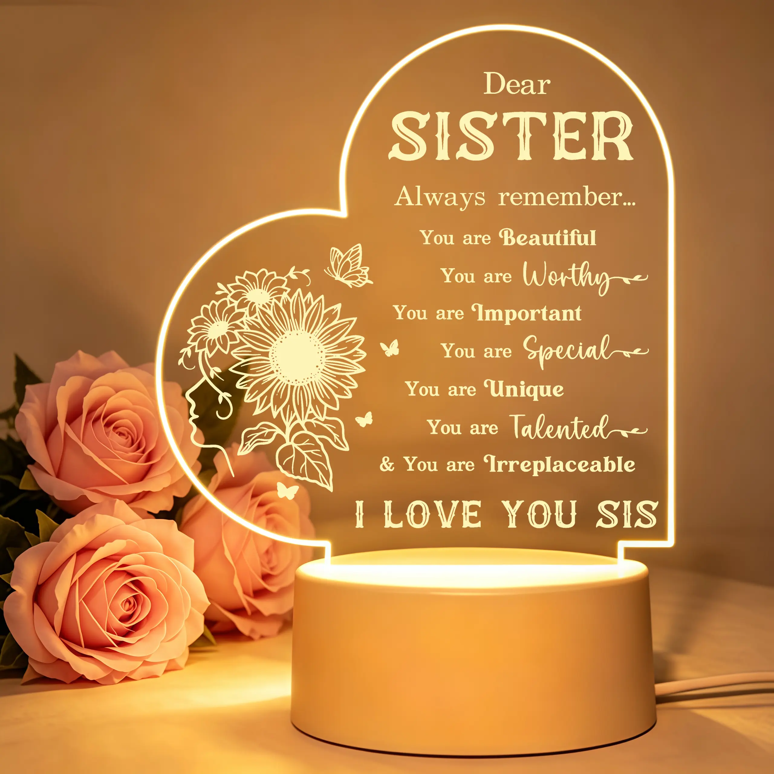 Heart Shaped Engraved LED Night Light Inspirational Quote Lamp Birthday Christmas Gift For Dear Sister