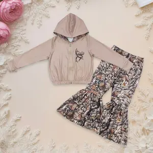 Baby Girl 2-Piece Camo Print Hunting Suit - Cotton Blend, Deer Embroidery, Full-Zipper Hooded Jacket, Bell Flare Pants, Casual Baby Clothing