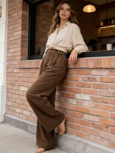 Women's High Waist Elastic Wide Leg Pants, Versatile Corduroy Textured Trousers for Comfortable Casual & Commute, Back to School